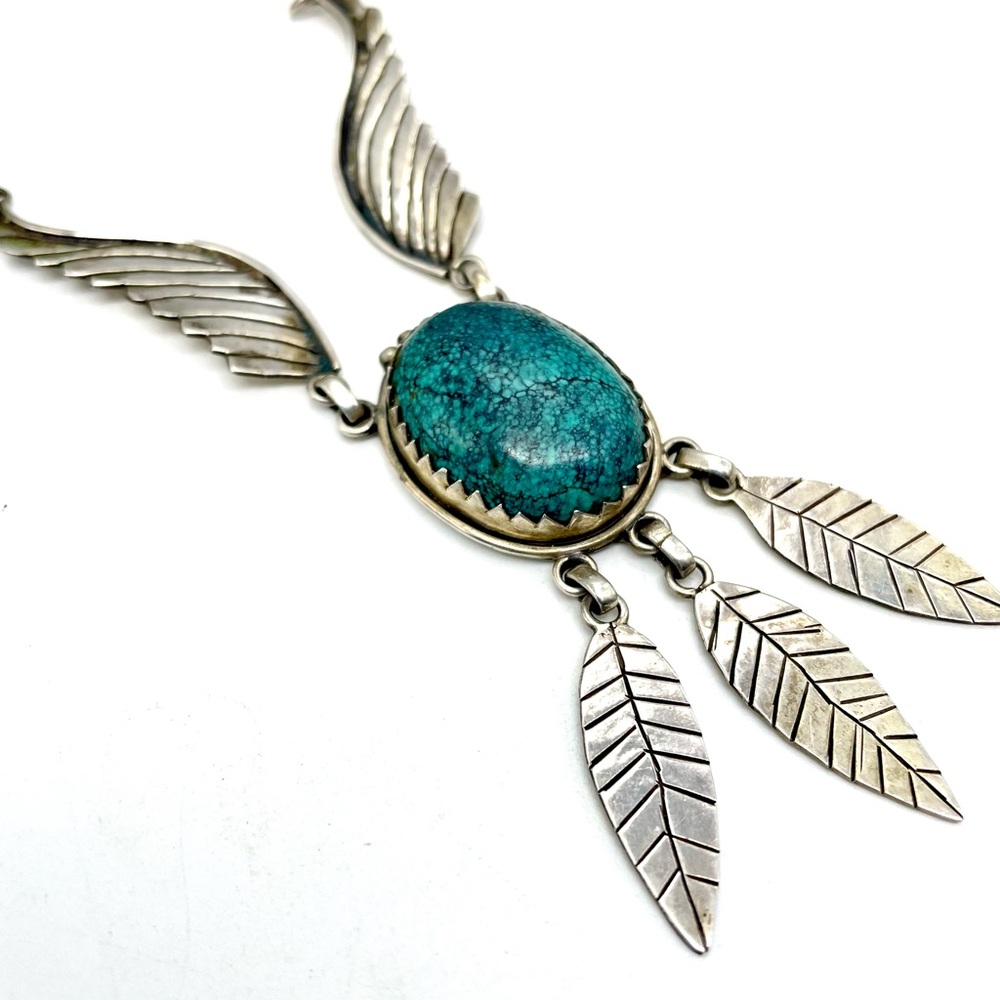 Vtg Genuine Spiderweb Turquoise 925 Sterling Silver Bib Necklace NA
